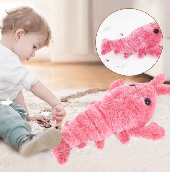 Soft electric jumping shrimp pet toy in pink plush fabric with motion features for interactive play
