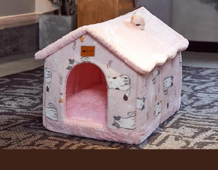 Foldable soft cloth pet house in pink with cat pattern, cozy and warm foldable dog house for small pets.