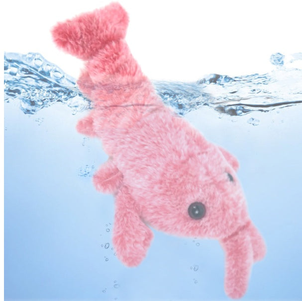 Pink electric jumping shrimp pet toy made of soft plush fabric underwater simulation