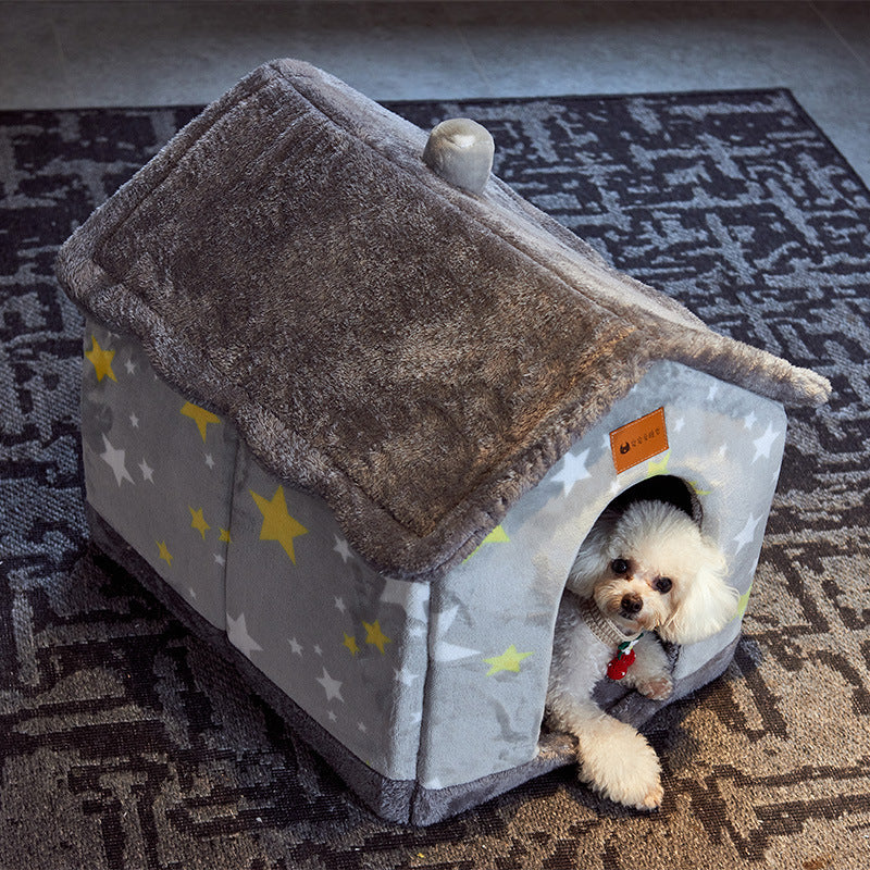 Foldable soft cloth pet house with star pattern and plush roof featuring small dog inside