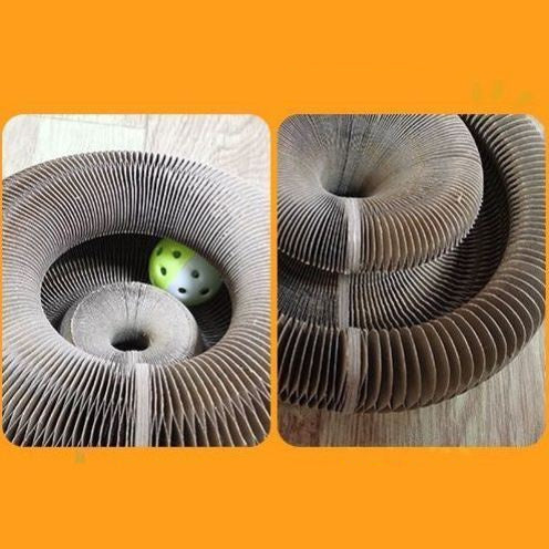 Pounce and Play Cat Scratcher made of corrugated paper with spiral design and included ball toy for cats to scratch and play.