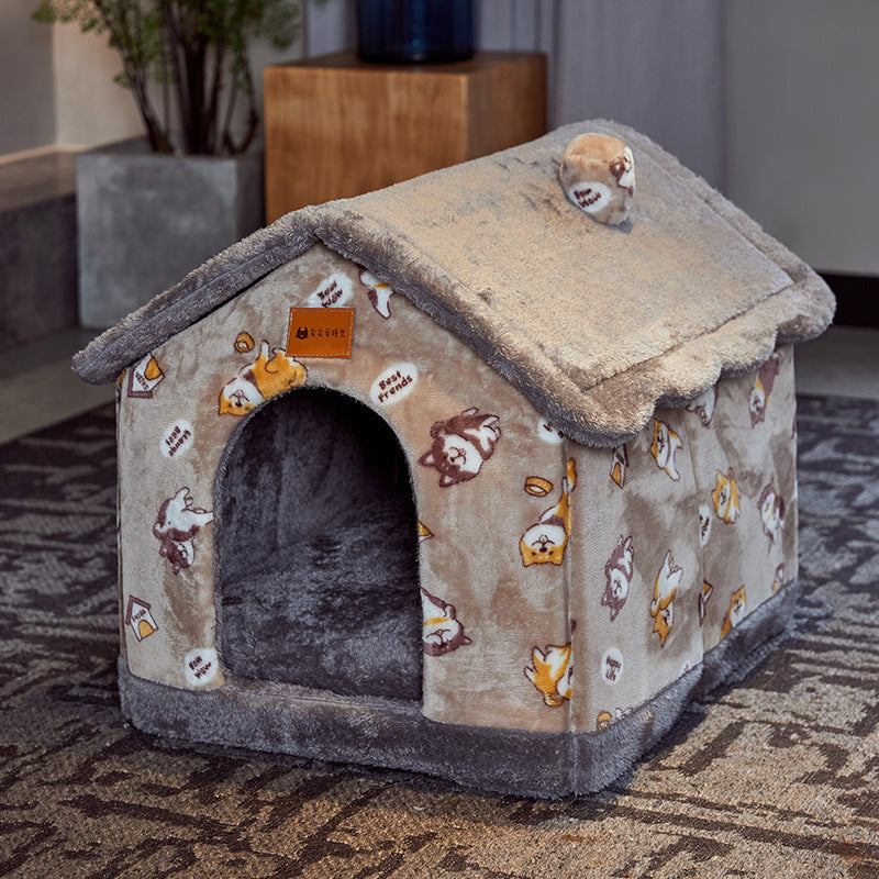 Foldable soft cloth pet house with plush fabric and cute animal prints for small to medium dogs
