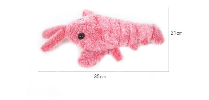 Electric pink plush jumping shrimp pet toy with soft fabric and built-in rechargeable motor, measuring 35cm by 21cm.