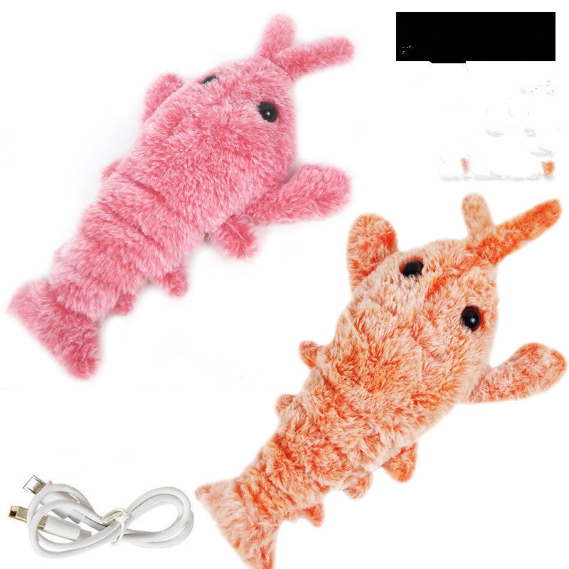 Electric jumping shrimp pet toys in pink and orange with USB charging cable, soft plush fabric, and realistic movement features for pet entertainment.