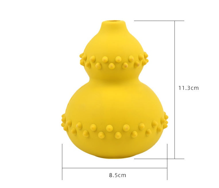 Yellow pet toy made of natural rubber with textured bumps, 11.3cm height and 8.5cm width.