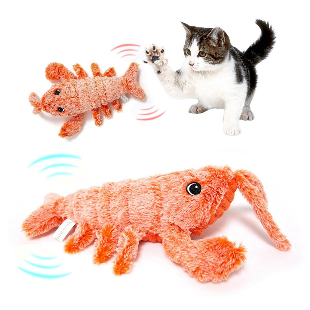 Electric jumping shrimp pet toy made of soft fabric with motion sensor, three swing modes, USB rechargeable, shown with playful kitten.
